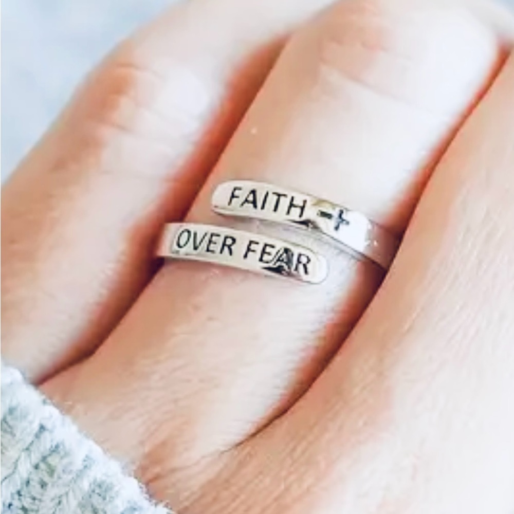 🆕 FAITH OVER FEAR: Silver Plated/Stainless Steel Inspirational Adjustable Ring